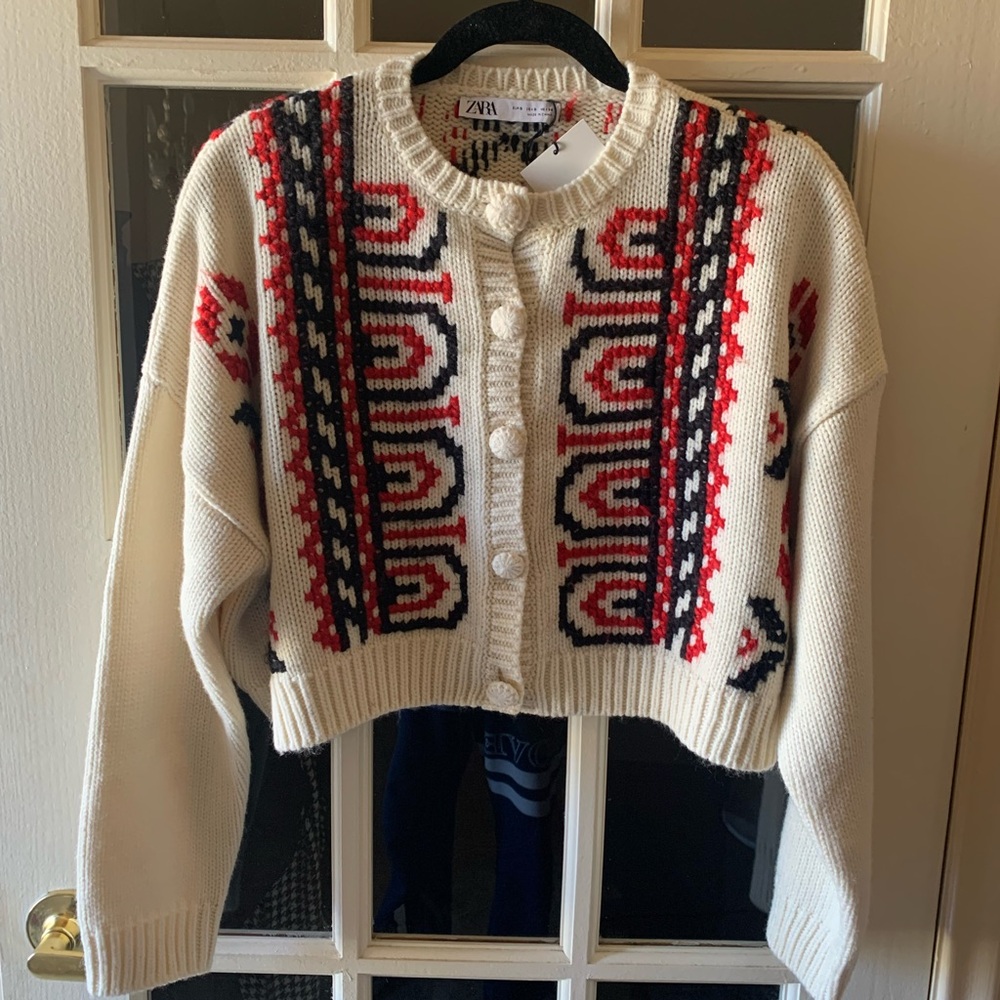 Zara Cream and Red Patterned Women's Sweater